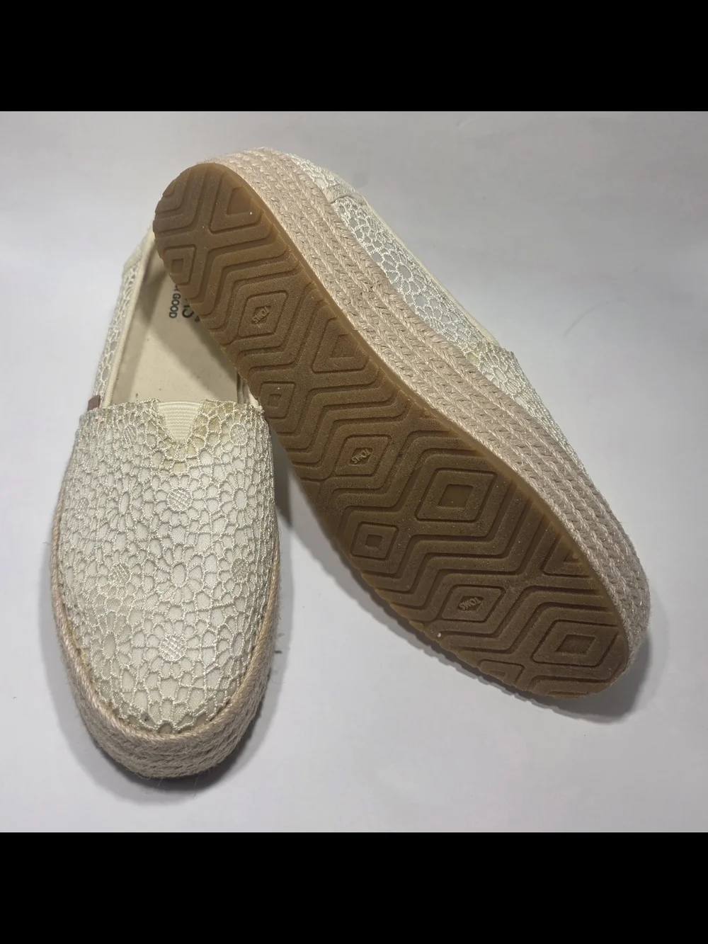 TOMS Valencia Espadrille Platform Slip On Flats Lace Cream Women’s Size 9 New